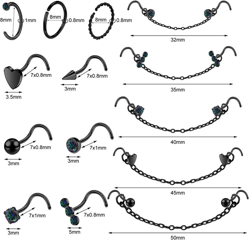 AccGin Store 20G Nose Rings Studs with Chain Piercing Across Double Nose Stud Nose Hoop Spike Heart Ball CZ Surgical Steel Nostril Piercing Jewelry for Women Men, Black Silver Gold - Image 2